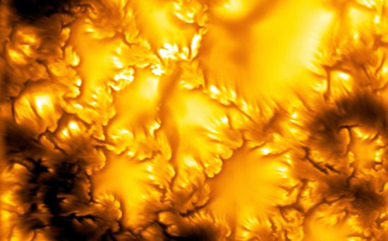 A fiery view of the sun’s surface up close.