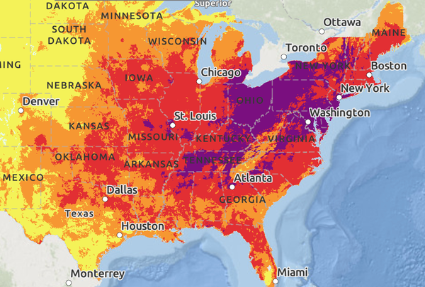 a map showing the eastern U.S. with most of the eastern half of the country in orange and red and swaths of the Ohio Valley, mid-Atlantic and Northeast in purple
