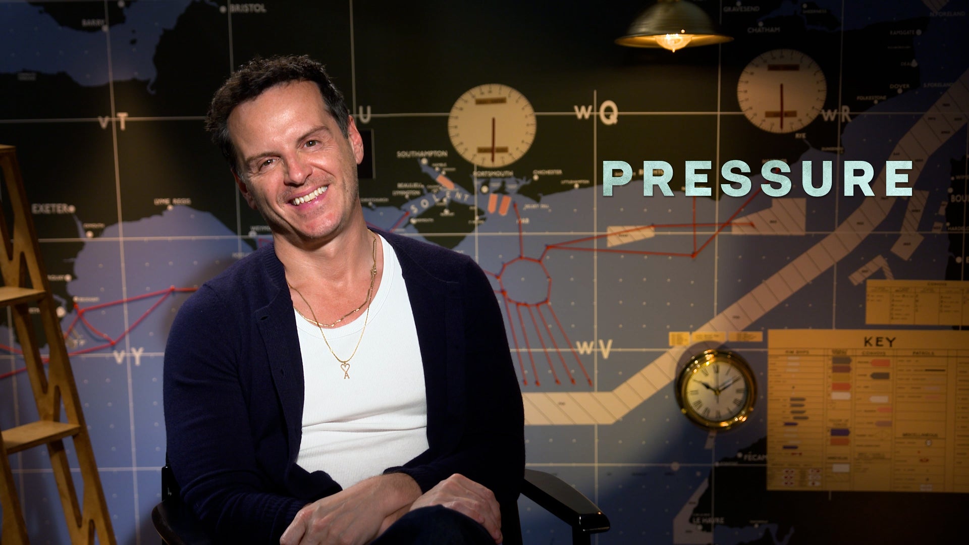 Andrew Scott cocks his head and smiles. He is sitting in front of an old-timey sea map and is wearing a white shirt, a dark blue cardigan and two thin gold necklaces. The word "PRESSURE" is next to him in all capital letters.