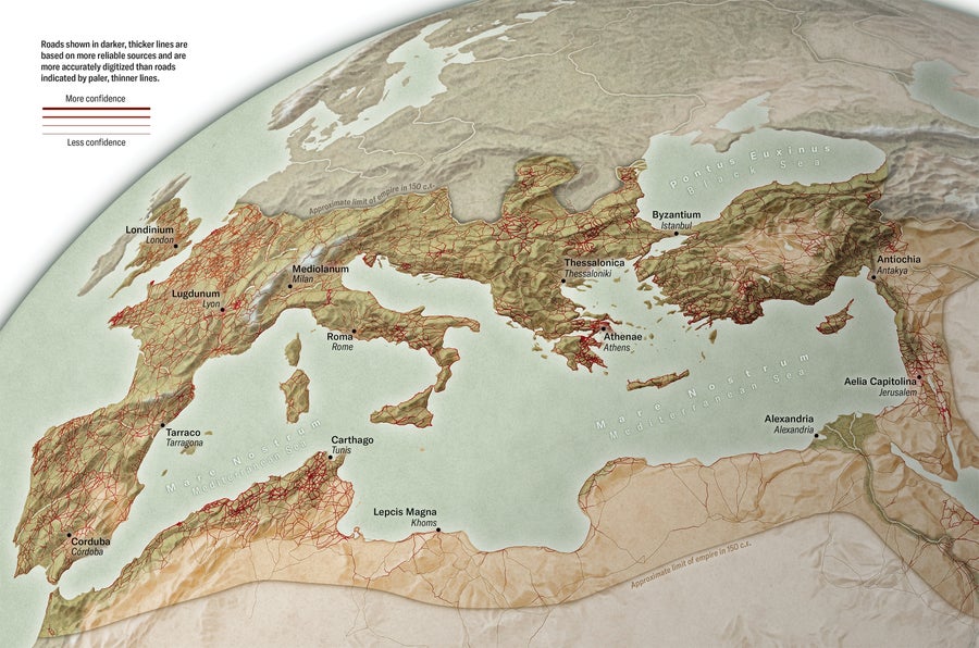 Map shows a wide view of land masses around the Mediterranean Sea with the approximate limit of the Roman empire in 150 C.E. highlighted. A network of lines trace ancient road locations. Roads shown in darker, thicker lines are based on more reliable sources and are more accurately digitized than roads indicated by paler, thinner lines.