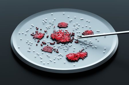 3D-rendered close-up of a petri dish with biological cells inside.