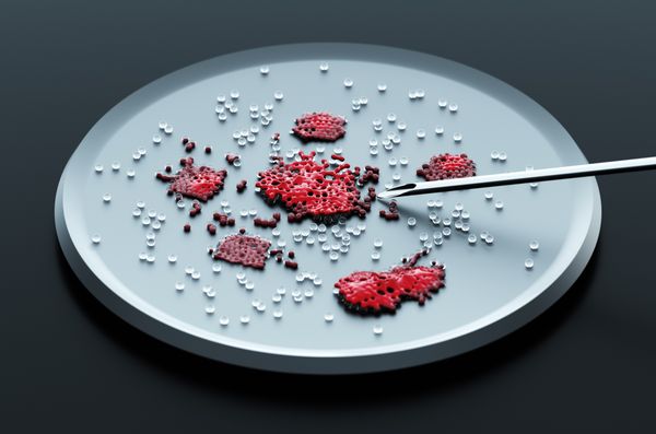 3D-rendered close-up of a petri dish with biological cells inside.