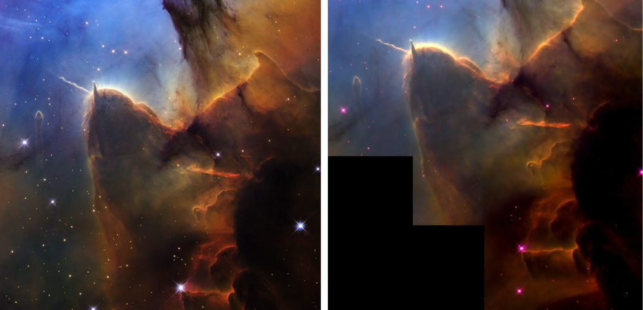 Side-by-side images of a stellar nursery at different times.