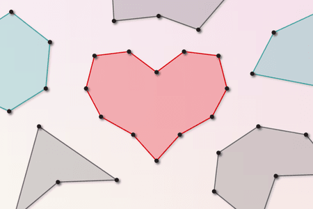 Illustration shows black dots that represent pegs with lines connecting them to form various shapes. The largest shape in the middle is shaped like a heart and colored red.