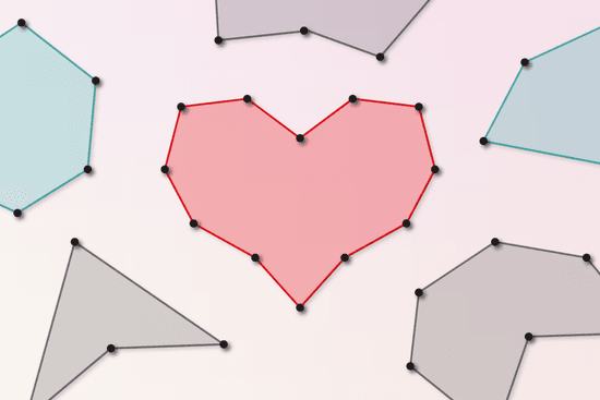 Illustration shows black dots that represent pegs with lines connecting them to form various shapes. The largest shape in the middle is shaped like a heart and colored red.