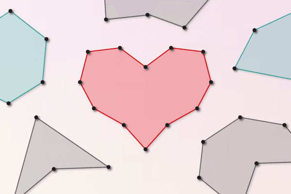 Illustration shows black dots that represent pegs with lines connecting them to form various shapes. The largest shape in the middle is shaped like a heart and colored red.