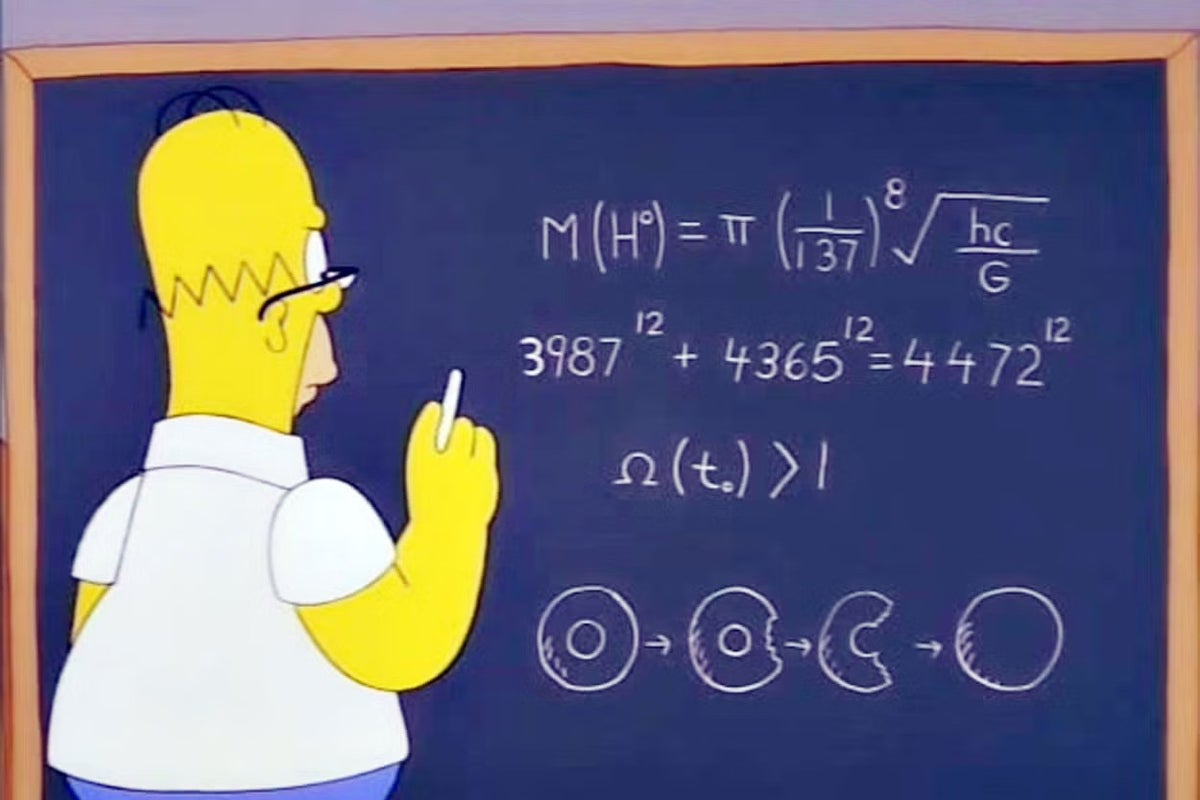 A screengrab of an episode of the Simpsons, with Homer Simpson writing mathematical equations on a chalkboard