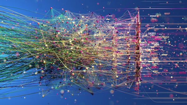 Abstract Digital Data Network Visualization With Neural Connections, Nodes and Flowing Light Streams