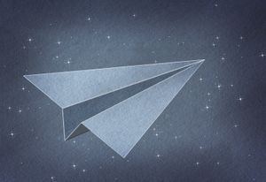 A sketch of a simple paper airplane flying through a dark, starry sky