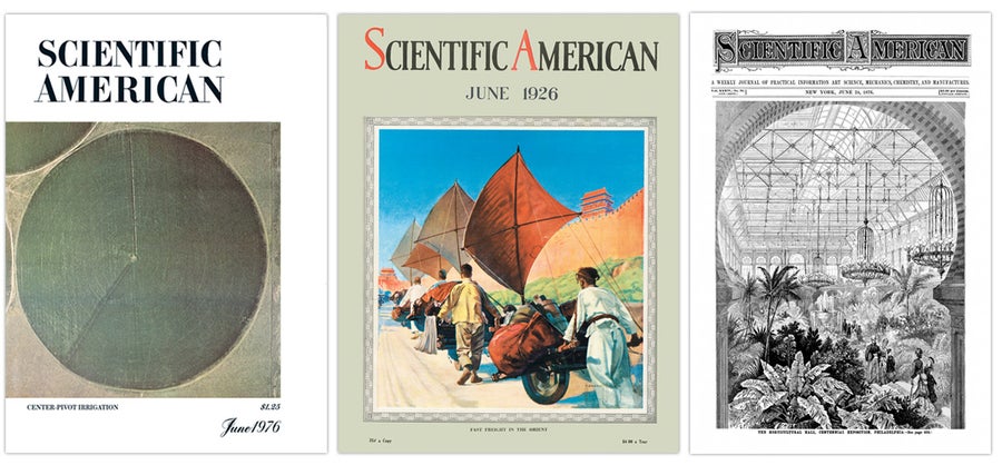 Three small images of Scientific American’s June 1976 cover, cover story on center-pivot irrigation, June 1926 issue, cover story is titled 'Fast Freight in the Orient, and June 24th, 1876 cover, cover image of the Horticultural Hall Centennial Expo in Philadelphia.