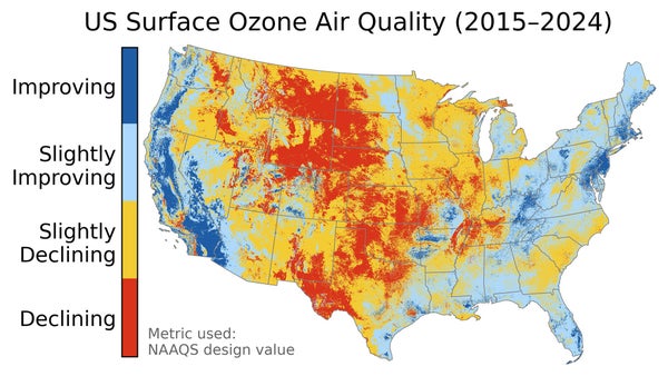 A color-coded map of the U.S. shows red across the middle because of declining ozone air quality. Improving areas are shaded in blue across parts of the western and northeastern U.S.