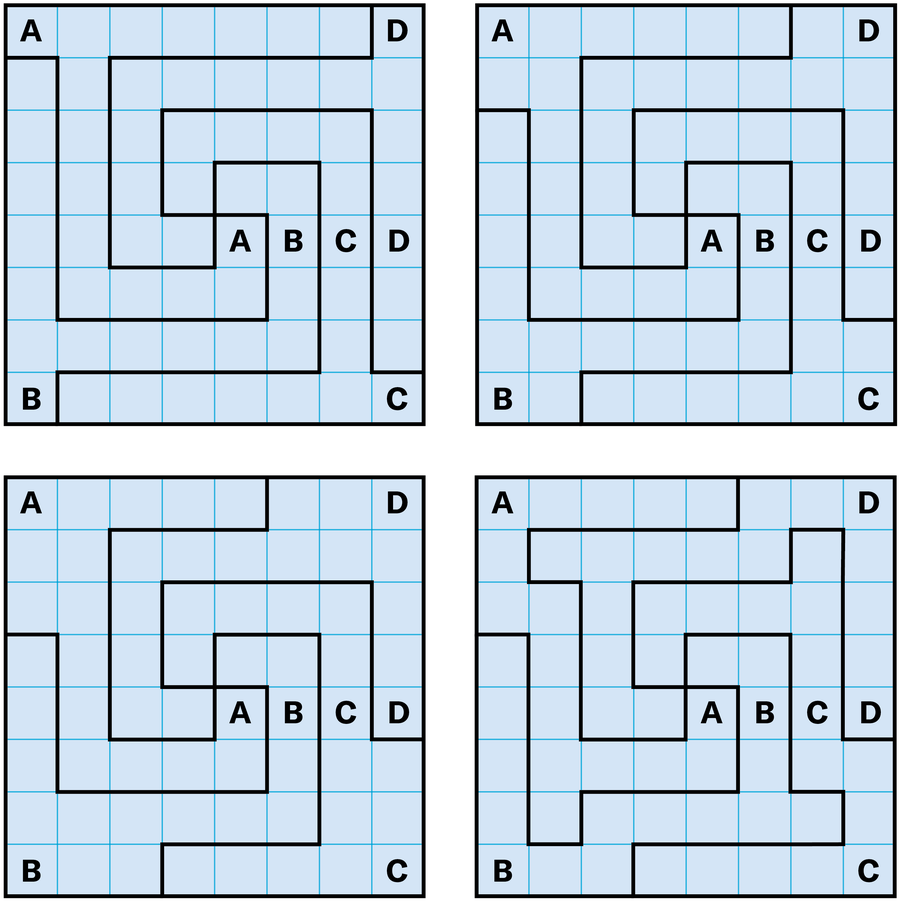 The diagram shows four iterations of the grid and letters in the puzzle. Each grid is covered with an irregular shape rotated four times to fill the entire square.
