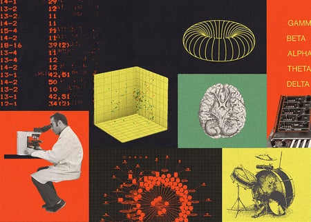 Collage style illustration by Max-o-matic showing different areas of science.