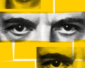 Closeup of Eyes in black and white and on a yellow background