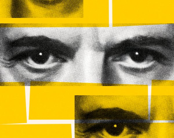 Closeup of Eyes in black and white and on a yellow background