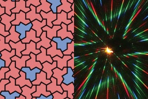 The left half of two side-by-side images shows a red-and-blue tessellation using the einstein hat tile. The right half shows a kaleidoscopic image of diffracted laser light against a black backdrop.
