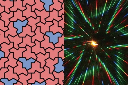 The left half of two side-by-side images shows a red-and-blue tessellation using the einstein hat tile. The right half shows a kaleidoscopic image of diffracted laser light against a black backdrop.