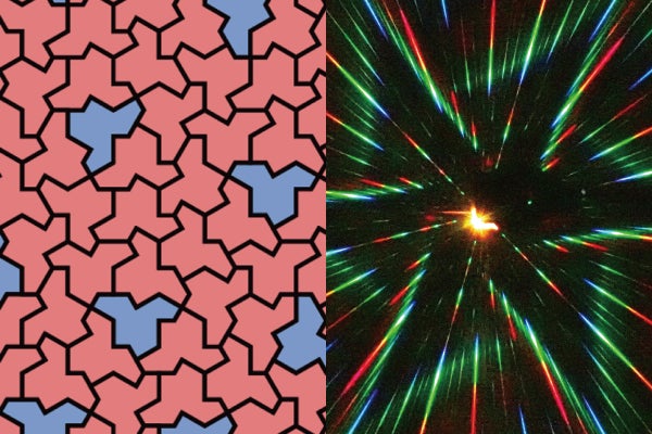 The left half of two side-by-side images shows a red-and-blue tessellation using the einstein hat tile. The right half shows a kaleidoscopic image of diffracted laser light against a black backdrop.