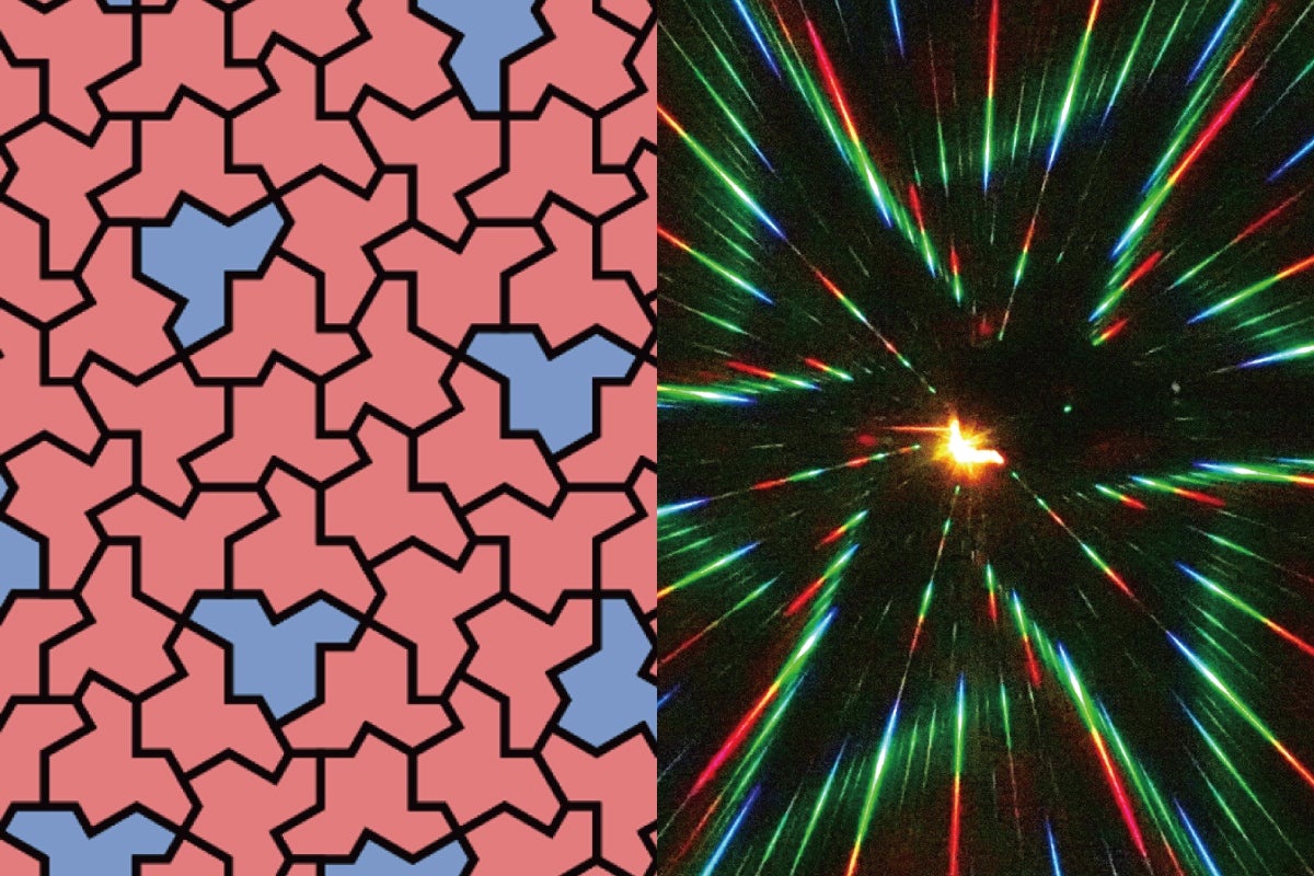 The left half of two side-by-side images shows a red-and-blue tessellation using the einstein hat tile. The right half shows a kaleidoscopic image of diffracted laser light against a black backdrop.