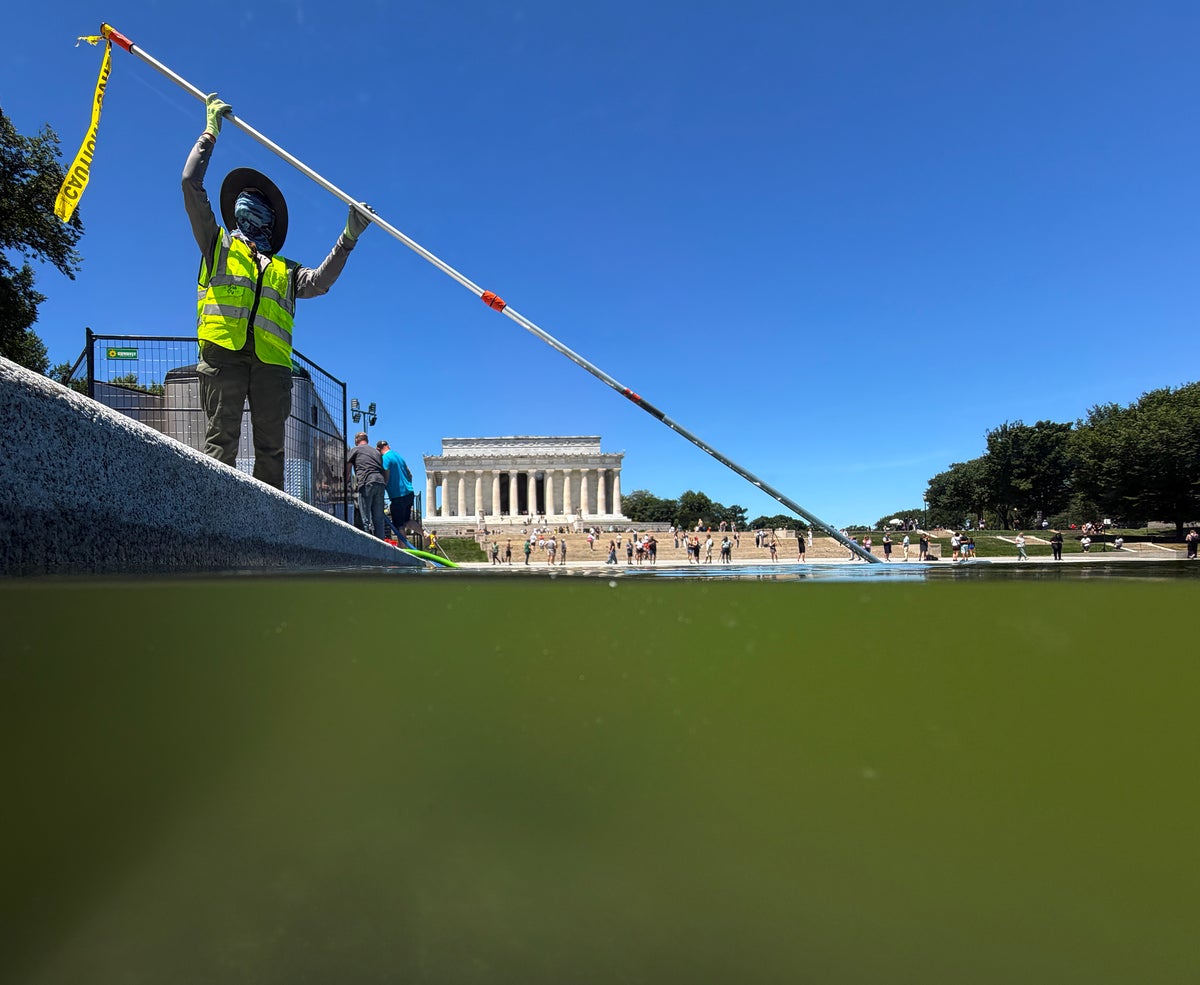 A U.S. National Park Service employee uses a vacuum pump to clean algae off the bottom of the newly repainted Lincoln Memorial Reflecting Pool on the National Mall on June 16, 2026 in Washington, DC.