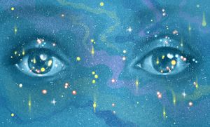 Illustration of a pair of luminous eyes set against a sparkling blue starry background.