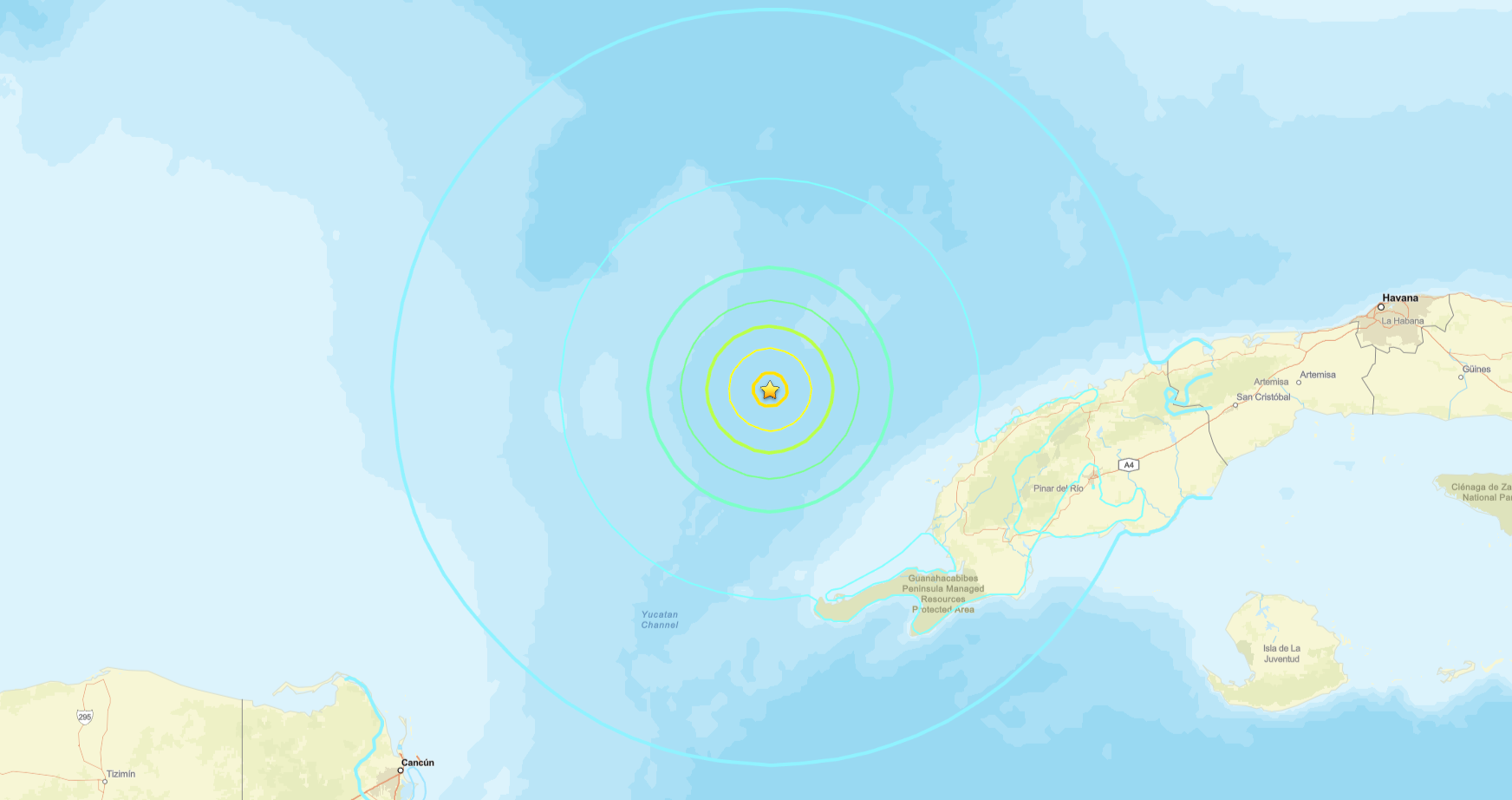 Rings showing center of earthquake near Cuba.