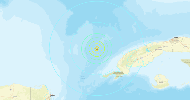 Rings showing center of earthquake near Cuba.