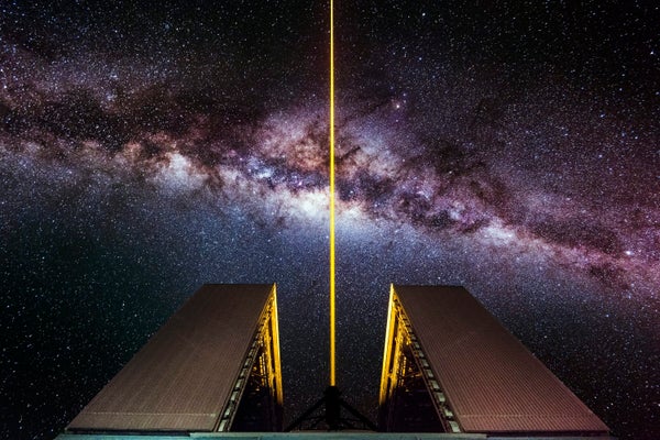Laser outside the UT4 telescope at the European Southern Observatory's Paranal observatory in Chile with the Milky Way in the background.