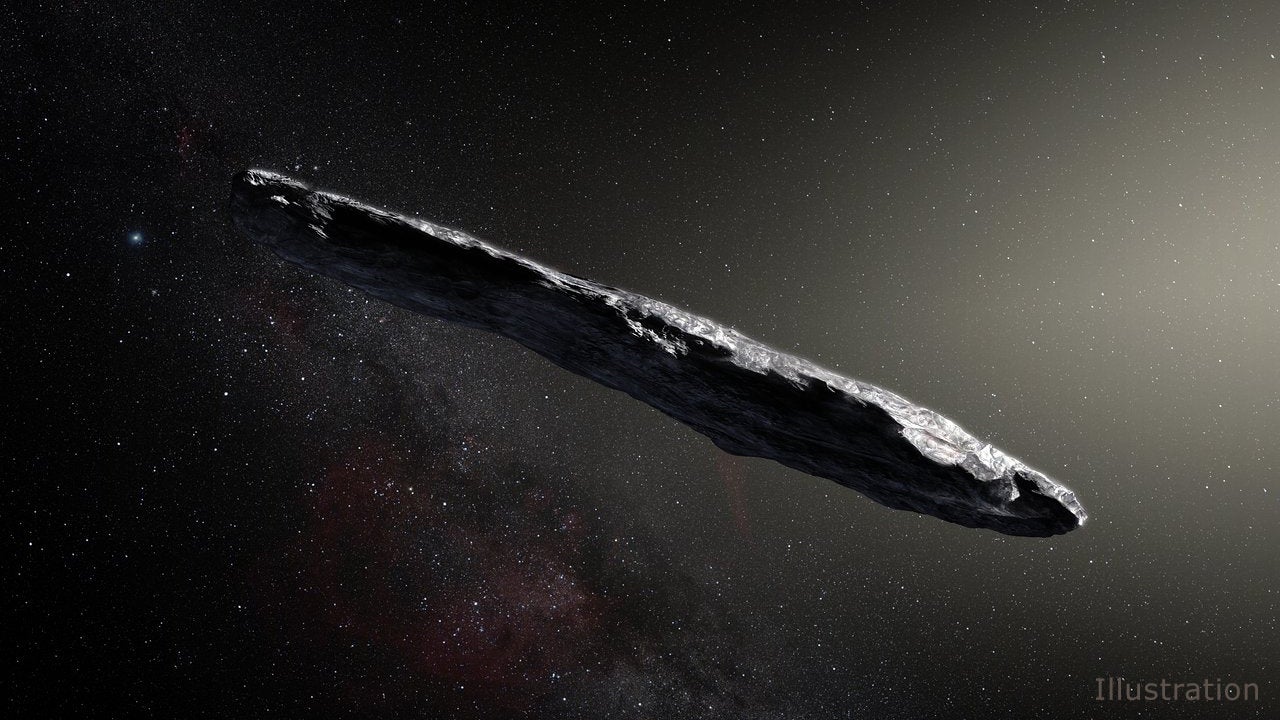 An artist's illustration of the interstellar object 'Oumuamua, showing the object as an oblong shard of material floating in space.