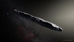 An artist's illustration of the interstellar object 'Oumuamua, showing the object as an oblong shard of material floating in space.