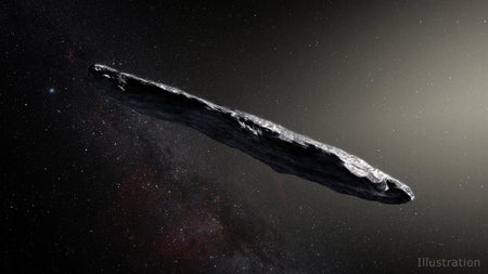 An artist's illustration of the interstellar object 'Oumuamua, showing the object as an oblong shard of material floating in space.