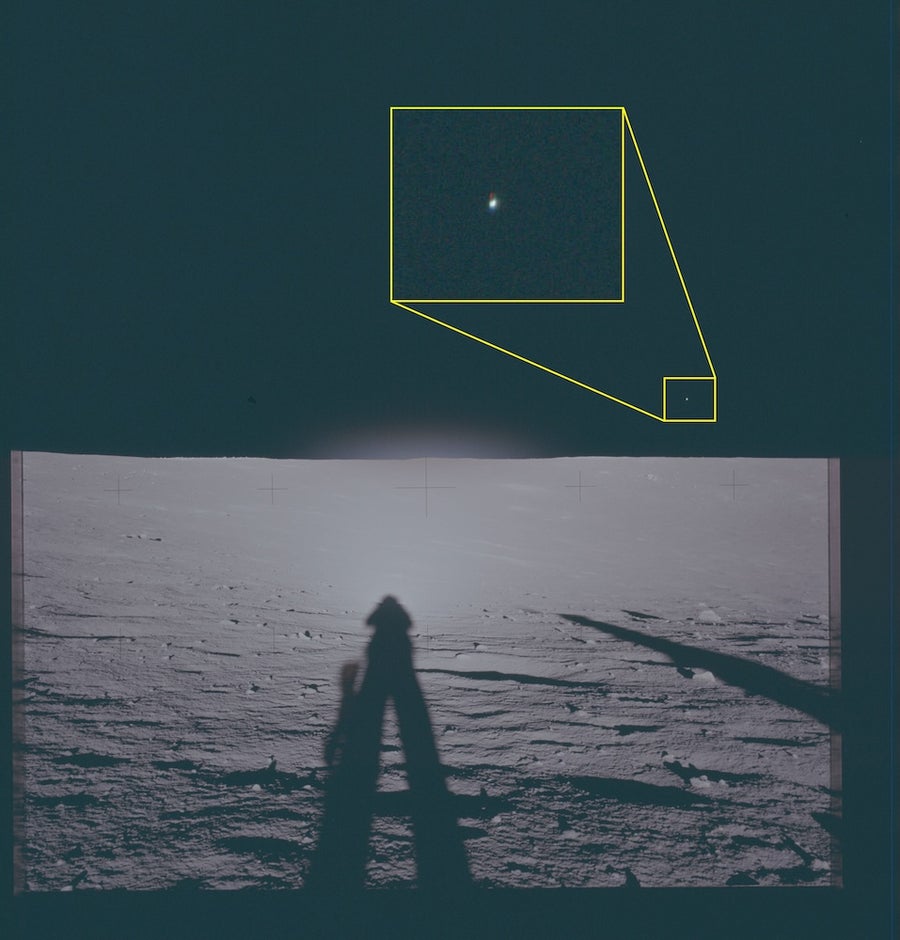 This archival photograph depicts the lunar surface as viewed from the landing site of Apollo 12. This image features a highlighted area of interest near the right edge of the frame, above the horizon, in which unidentified phenomena are visible.