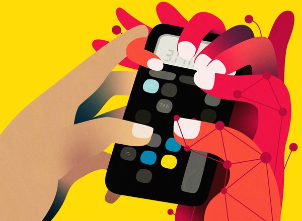 An abstract illustration on a yellow background showing multiple hands, including a robotic pink hand with digital node overlays, reaching around and pressing buttons on a black calculator.
