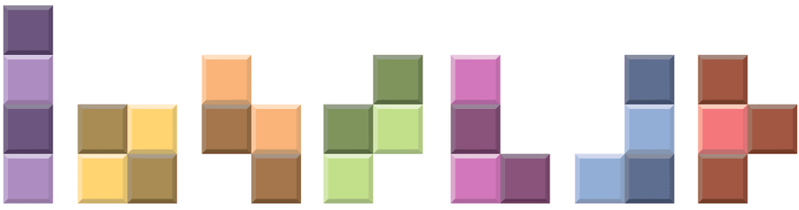 Transparent versions of the seven classic Tetris pieces are shown with alternating black and white squares arranged behind them.