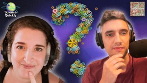 An illustration of two people with a quizzical look on a purple background with a question mark in between them.