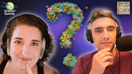 An illustration of two people with a quizzical look on a purple background with a question mark in between them.