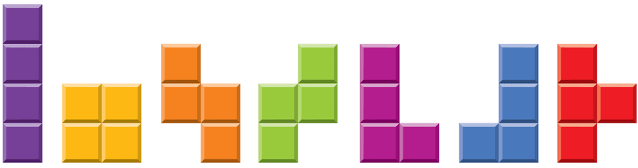 The seven classic Tetris pieces are shown, each pictured in a different color.