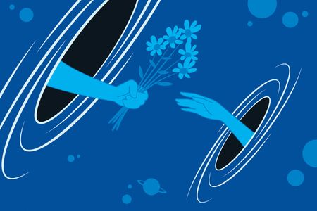 A blue arm giving flowers emerging from a black hole outstretched towards another blue arm coming out of a second black hole, reaching for the flowers