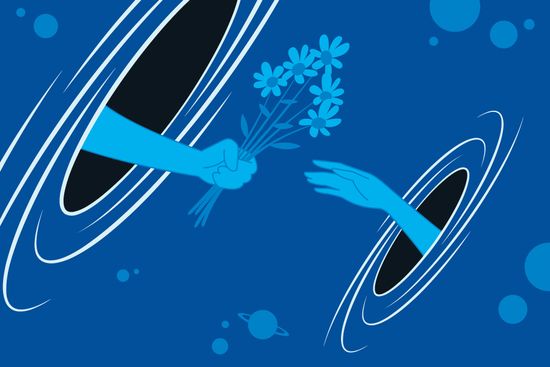 A blue arm giving flowers emerging from a black hole outstretched towards another blue arm coming out of a second black hole, reaching for the flowers