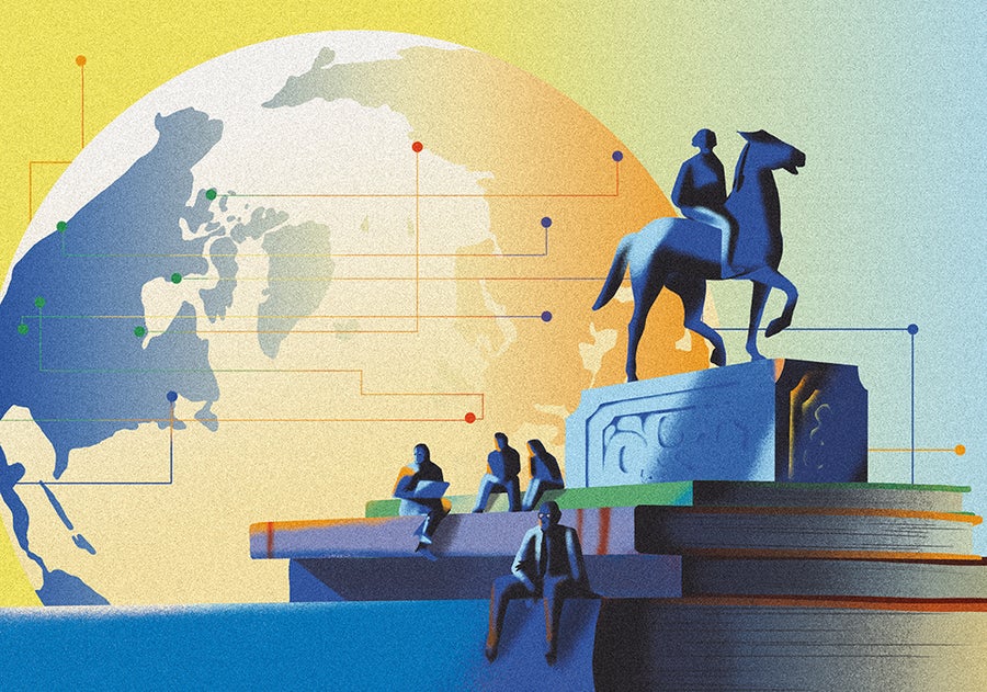 Second stylized illustration by Olga Aleksandrova continuing on the theme from the first illustration. A world map, a stack of books with miniature people sitting on them as if they were steps and a generic monument of an individual on a horse.