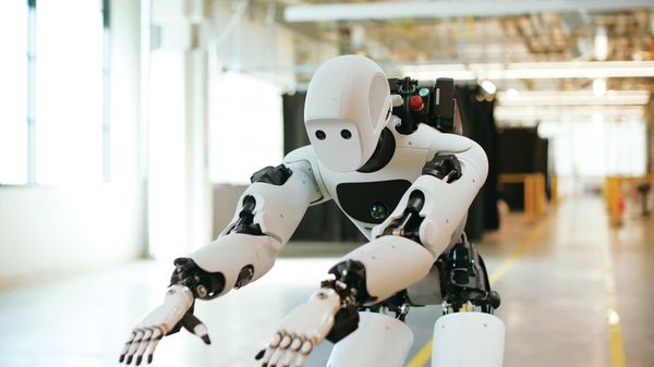 A white humanoid robot crouches with both arms extended in a bright industrial workspace.