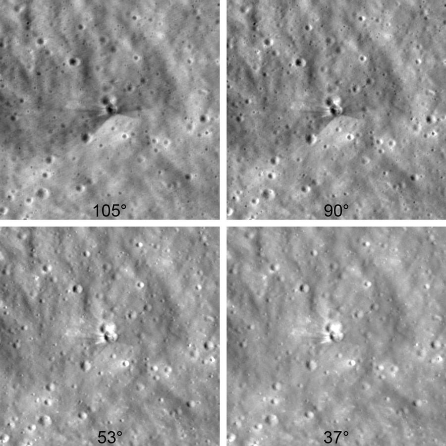 Collected between August 11 and 12 by NASA’s Lunar Reconnaissance Orbiter six days after a Falcon 9 upper-stage booster impacted the moon, these images were taken from different viewing angles, bringing out different features.