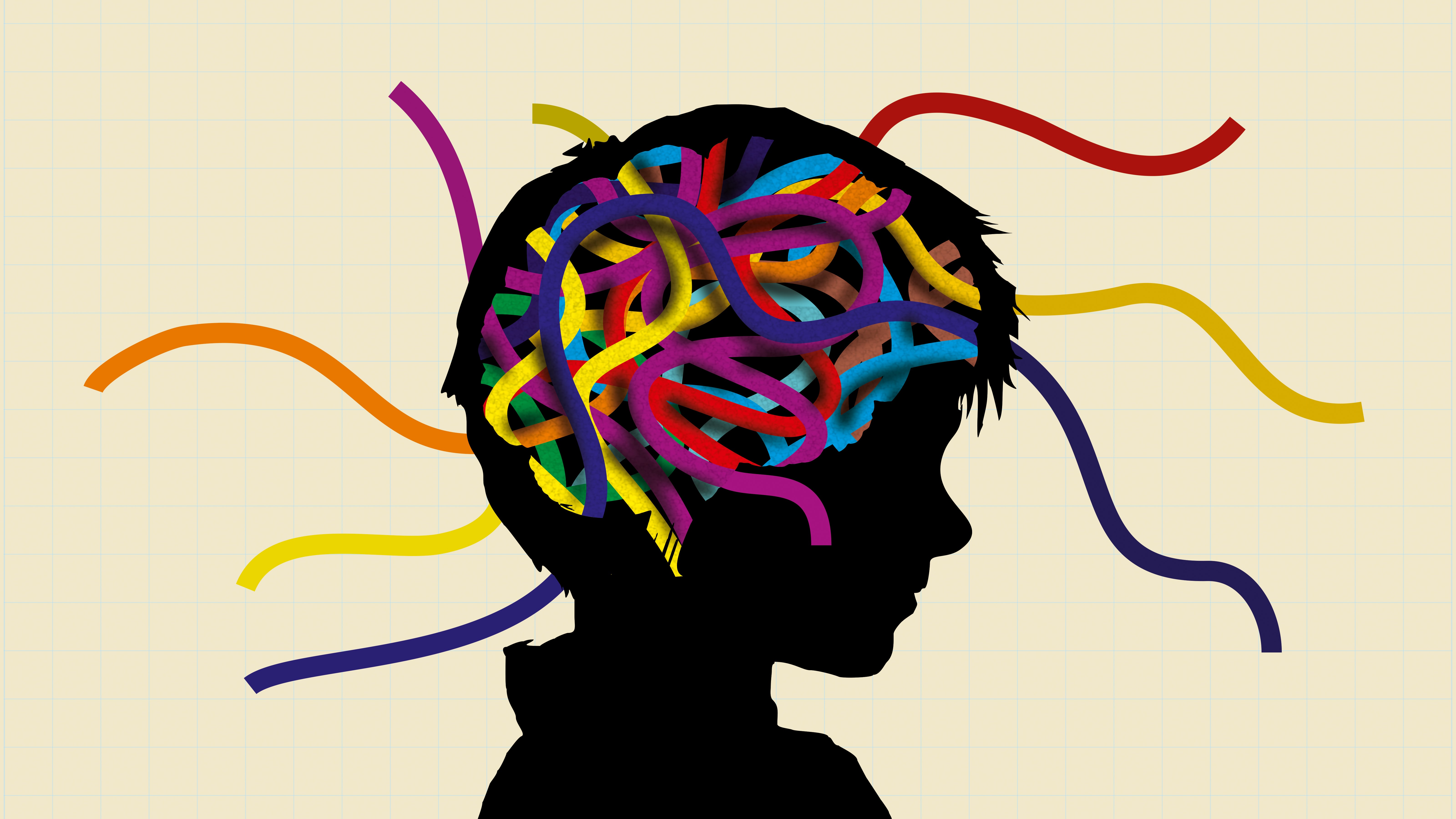 A black cutout of a child’s head with multicolored strings coming out of it.