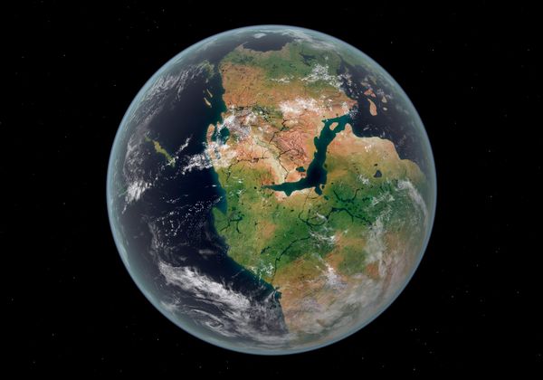 A globe in space showing how the continents might have looked some 200 million years ago.