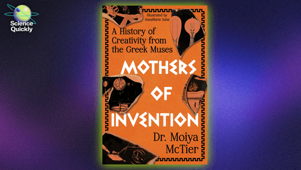 An illustration of an orange book cover with different inventions on it floating on a purple background