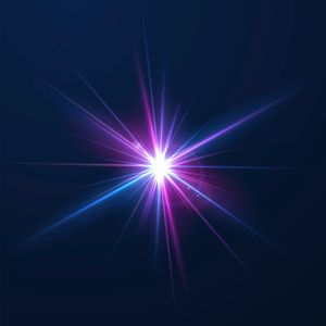 A white and purple and blue flare of light originating in a point particle.