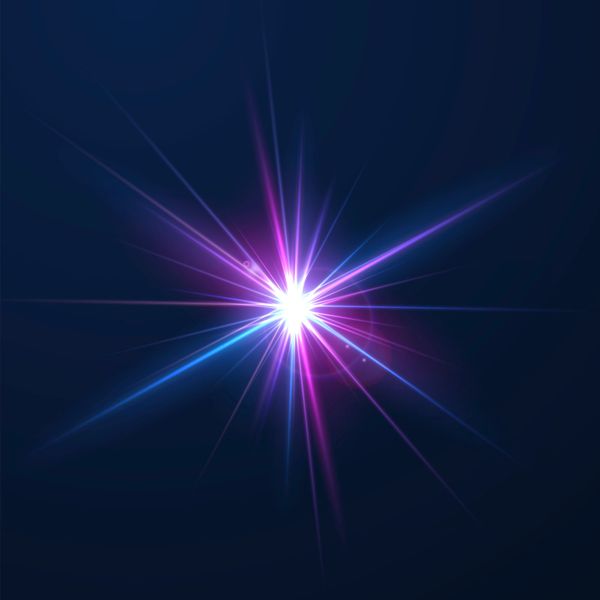 A white and purple and blue flare of light originating in a point particle.