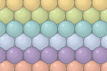 Graphic shows colored spheres packed together in a three-dimensional grid.