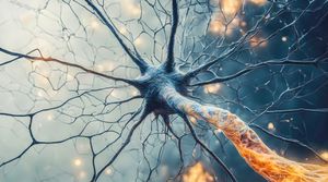 Treelike branches sprawl out from a neuron's cell body.