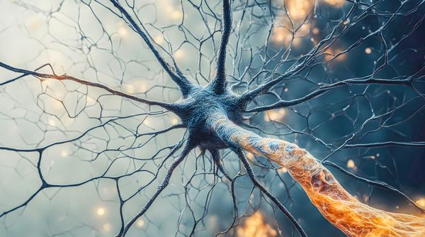 Treelike branches sprawl out from a neuron's cell body.